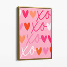 XOXO Pink Colourful Hearts Canvas Art Print with Gold Float Frame