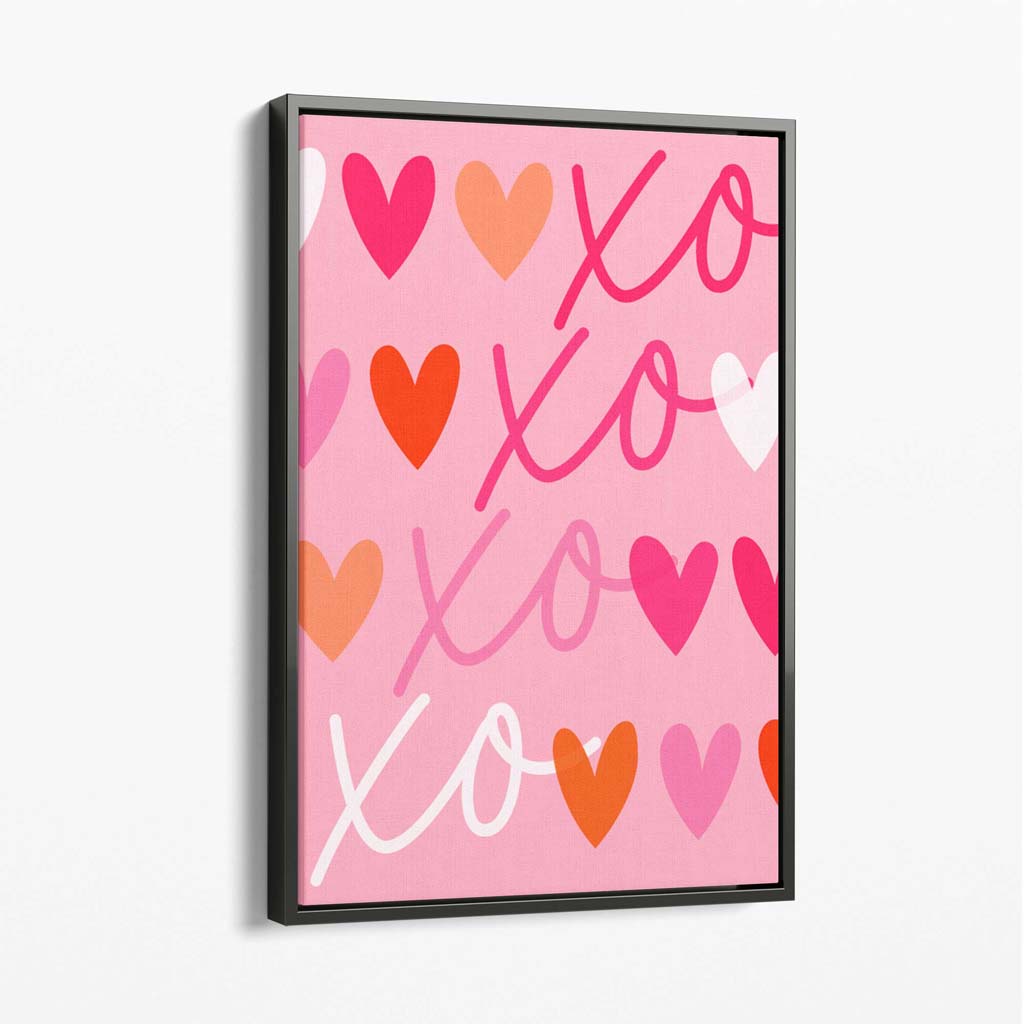 XOXO Pink Colourful Hearts Canvas Art Print with Grey Float Frame