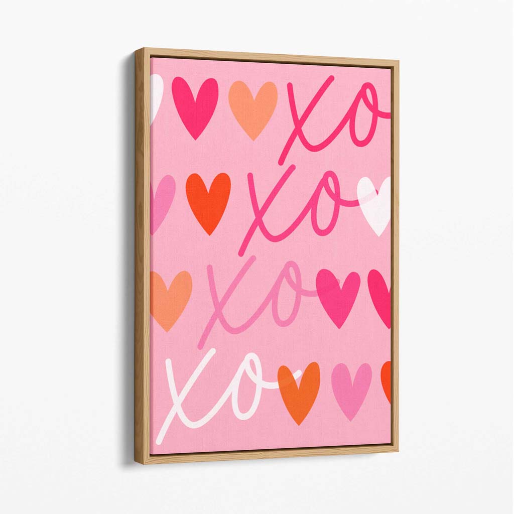 XOXO Pink Colourful Hearts Canvas Art Print with Oak Float Frame