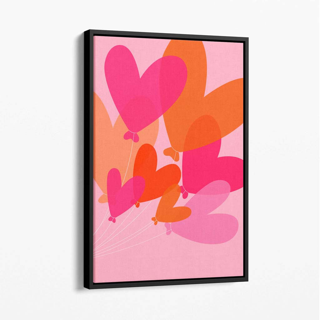 Pink Colourful Heart Balloons Canvas Art Print with Black Float Frame