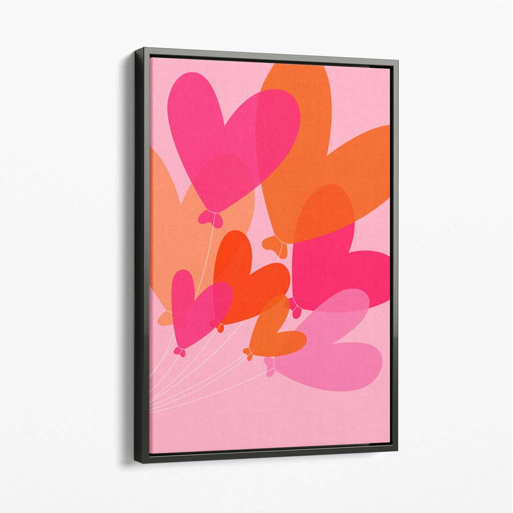 Pink Colourful Heart Balloons Canvas Art Print with Grey Float Frame