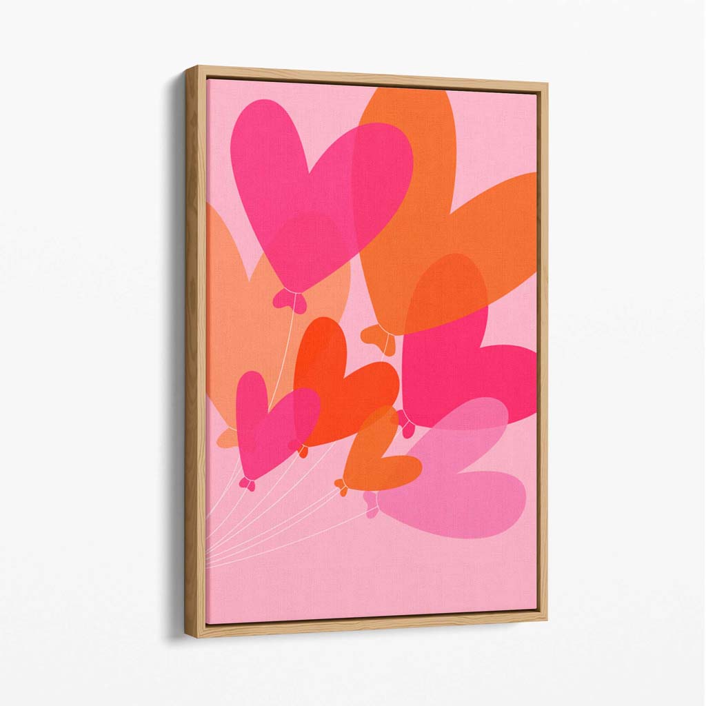 Pink Colourful Heart Balloons Canvas Art Print with Oak Float Frame