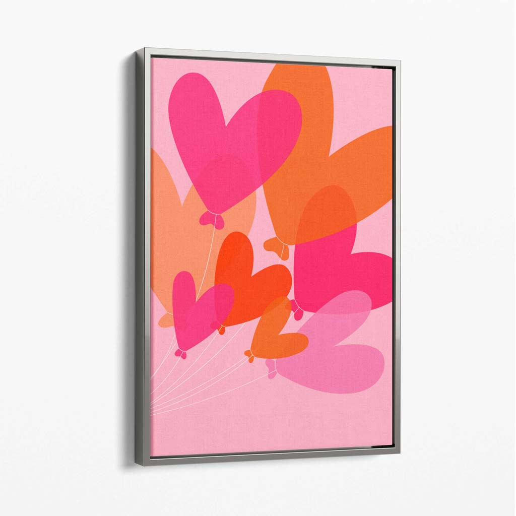 Pink Colourful Heart Balloons Canvas Art Print with Silver Float Frame