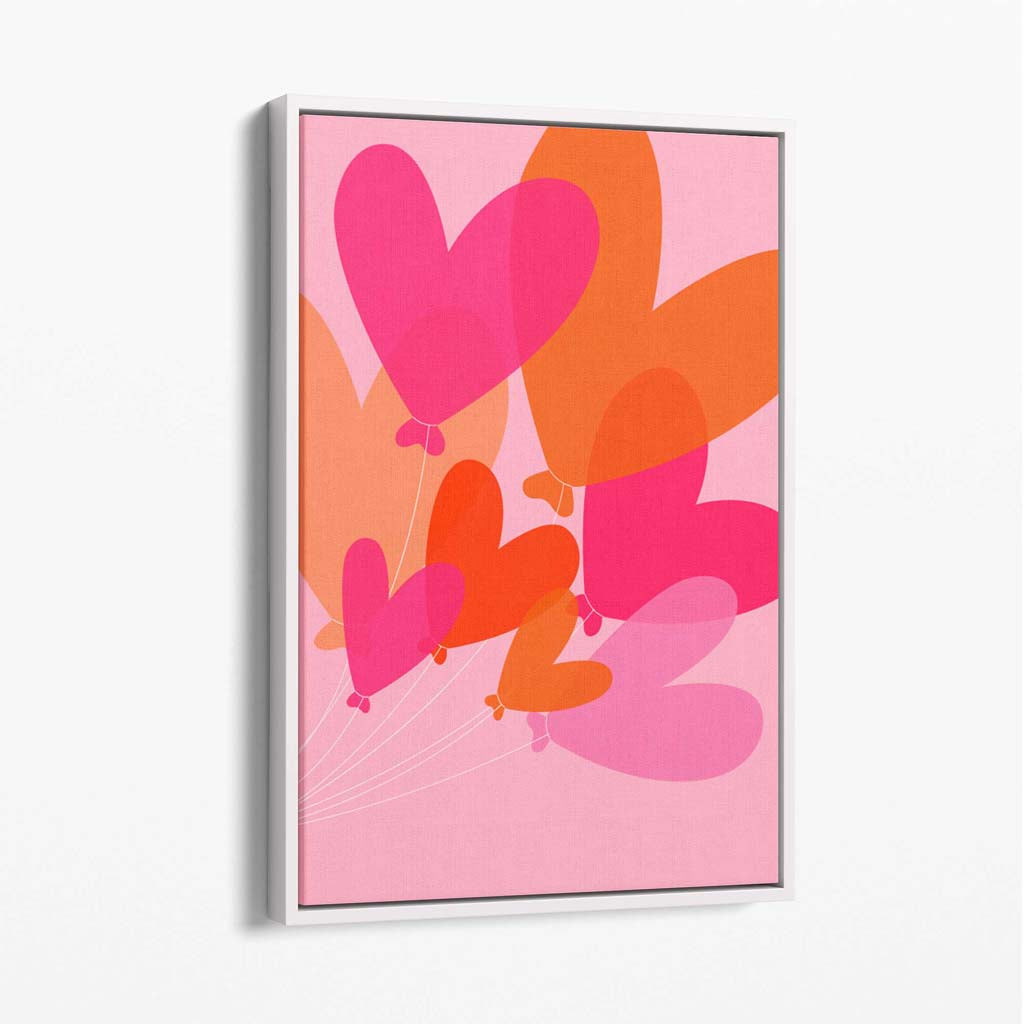 Pink Colourful Heart Balloons Canvas Art Print with White Float Frame