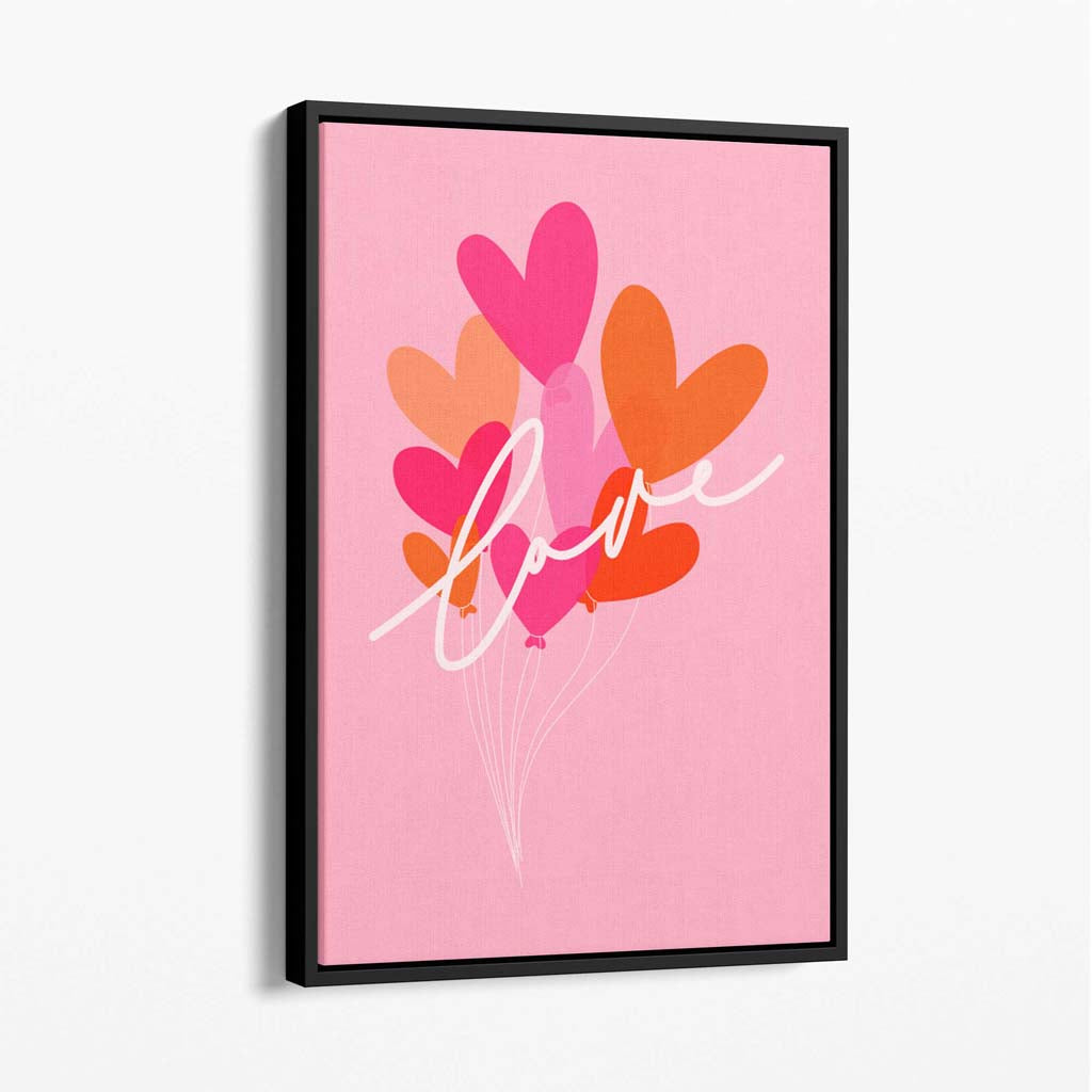 Pink Colourful Love Hearts Canvas Art Print with Black Float Frame