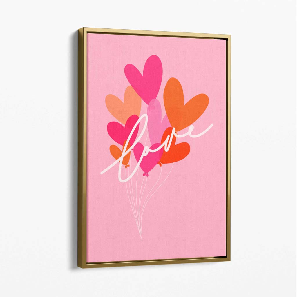 Pink Colourful Love Hearts Canvas Art Print with Gold Float Frame