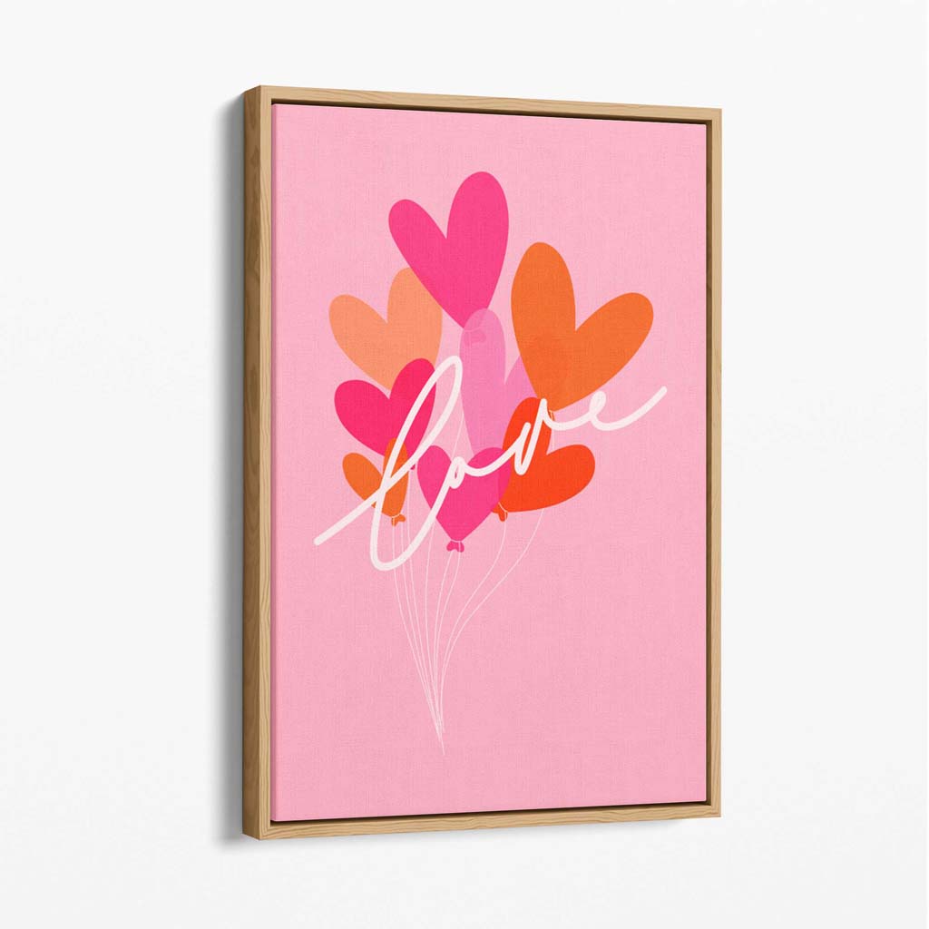 Pink Colourful Love Hearts Canvas Art Print with Oak Float Frame