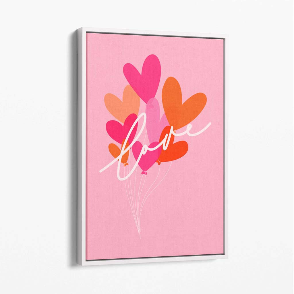 Pink Colourful Love Hearts Canvas Art Print with White Float Frame