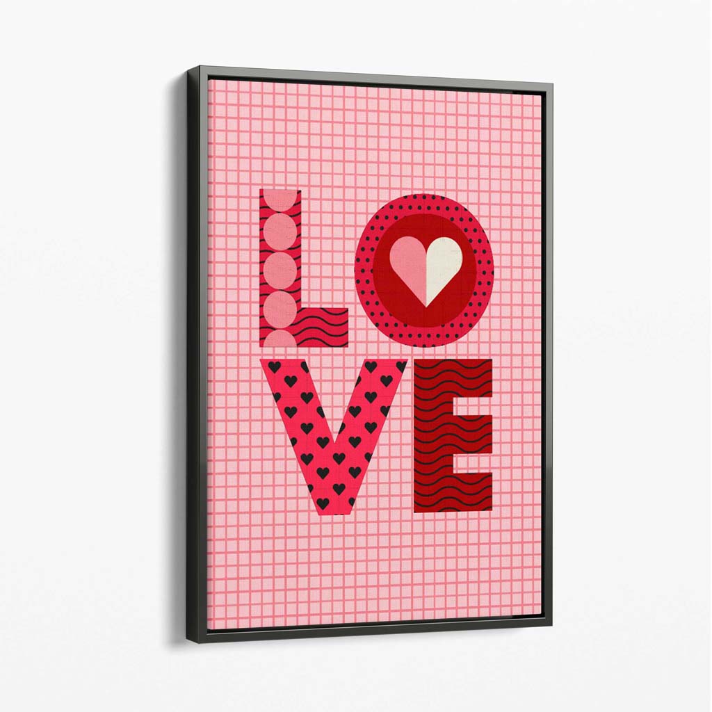 Retro Patterned LOVE  Canvas Art Print with Grey Float Frame