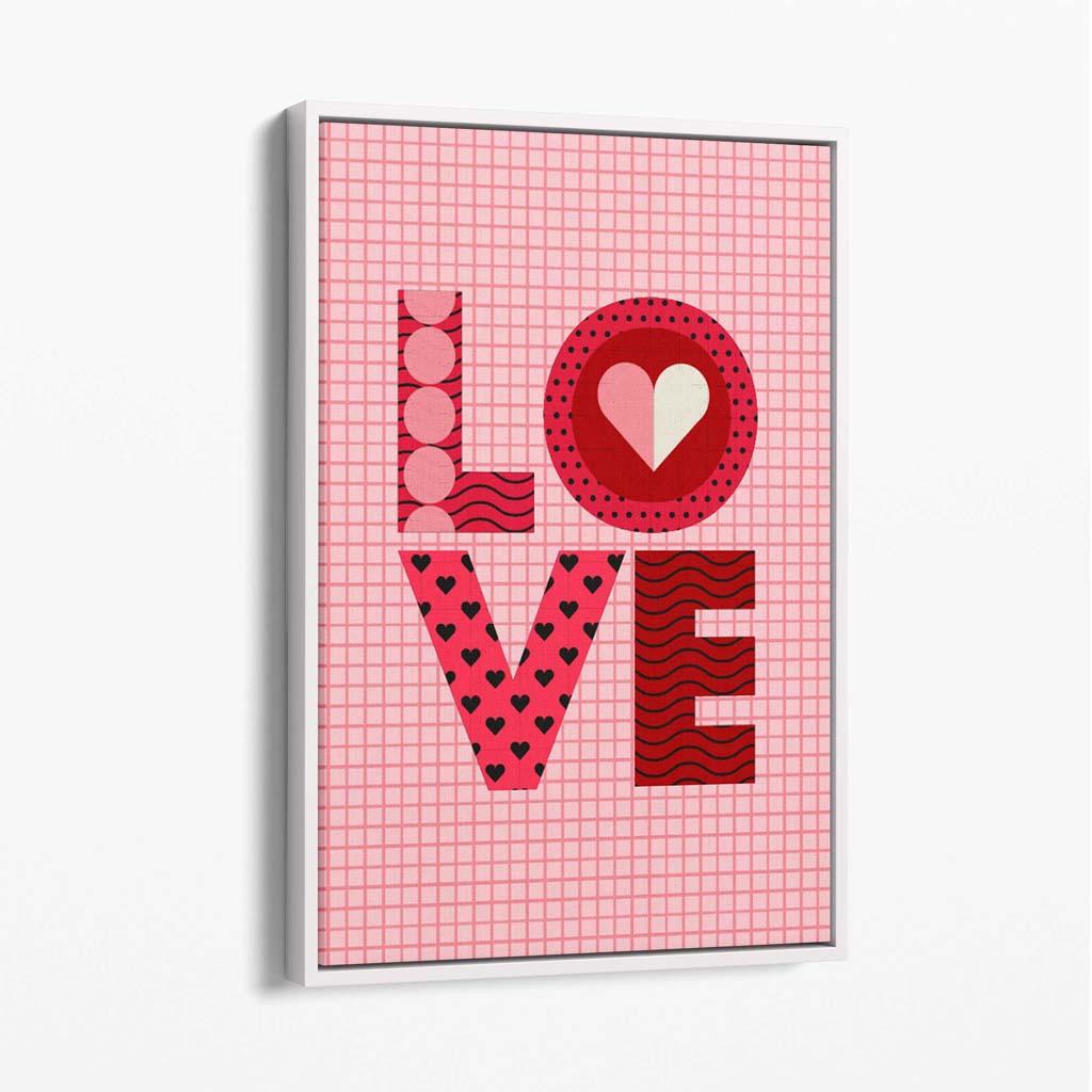 Retro Patterned LOVE  Canvas Art Print with White Float Frame