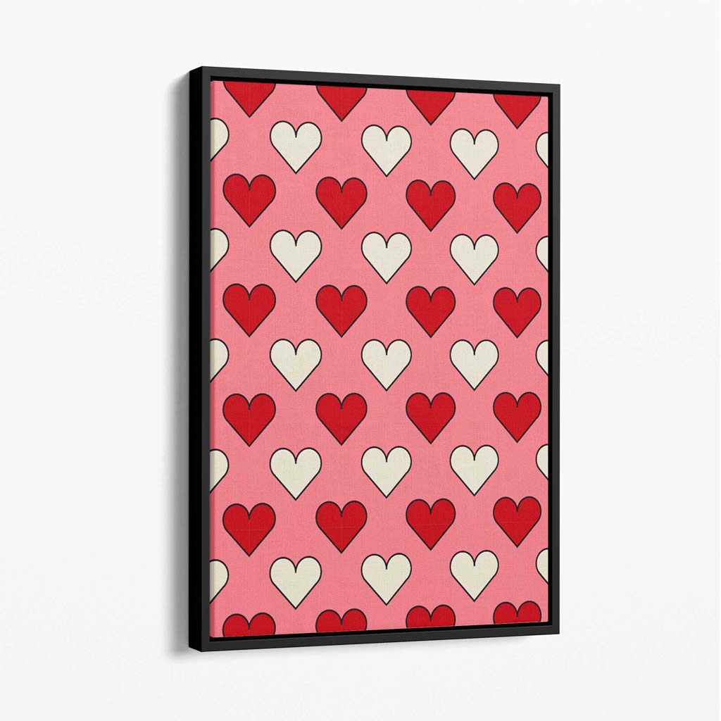 Retro Patterned Hearts Canvas Art Print with Black Float Frame