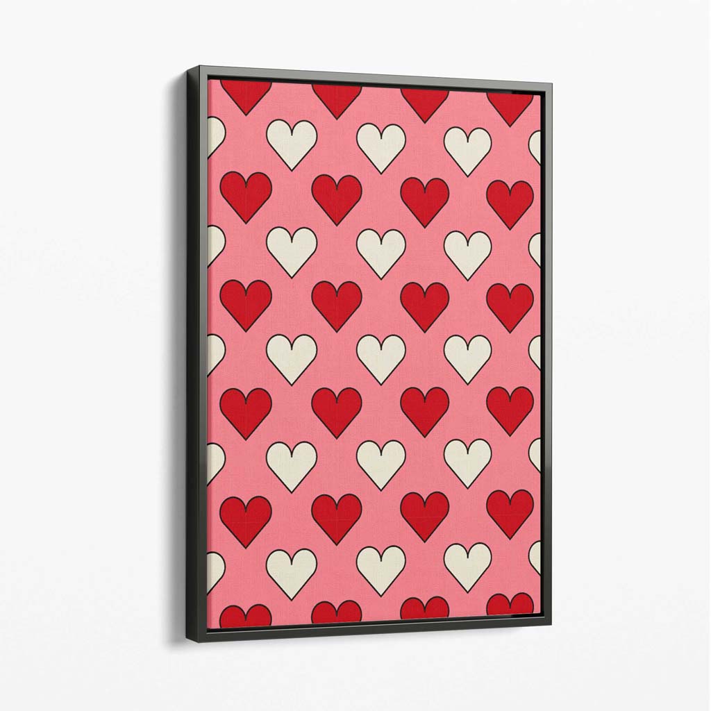 Retro Patterned Hearts Canvas Art Print with Grey Float Frame