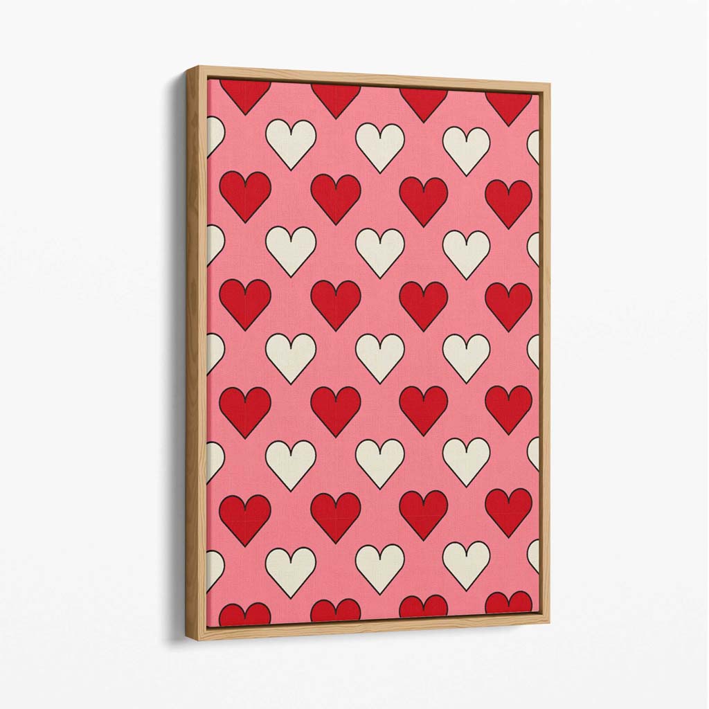 Retro Patterned Hearts Canvas Art Print with Oak Float Frame