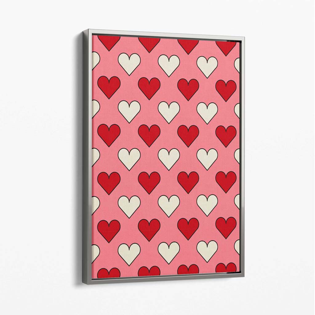 Retro Patterned Hearts Canvas Art Print with Silver Float Frame