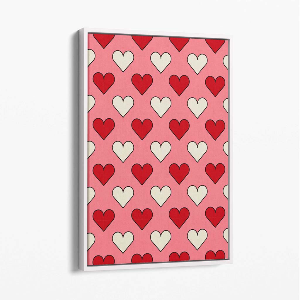 Retro Patterned Hearts Canvas Art Print with White Float Frame