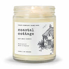 Soy wax candle with a label featuring 'coastal cottage' design on a white background
