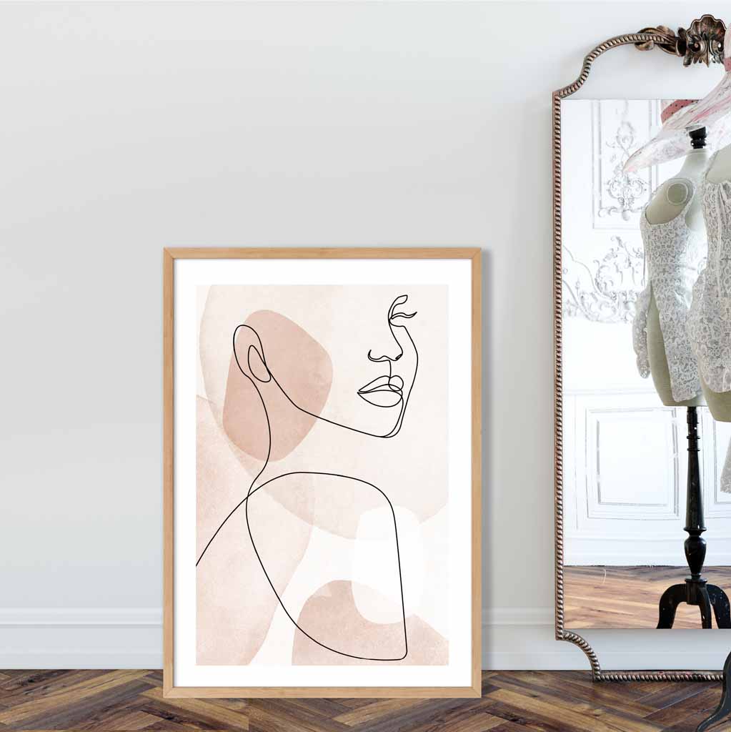 Coral Pink Abstract Line Art Female Face Art Poster No 1