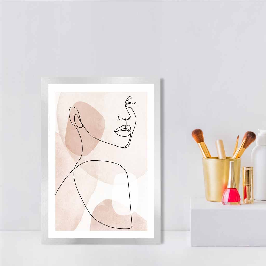 Coral Pink Abstract Line Art Female Face Art Poster No 1