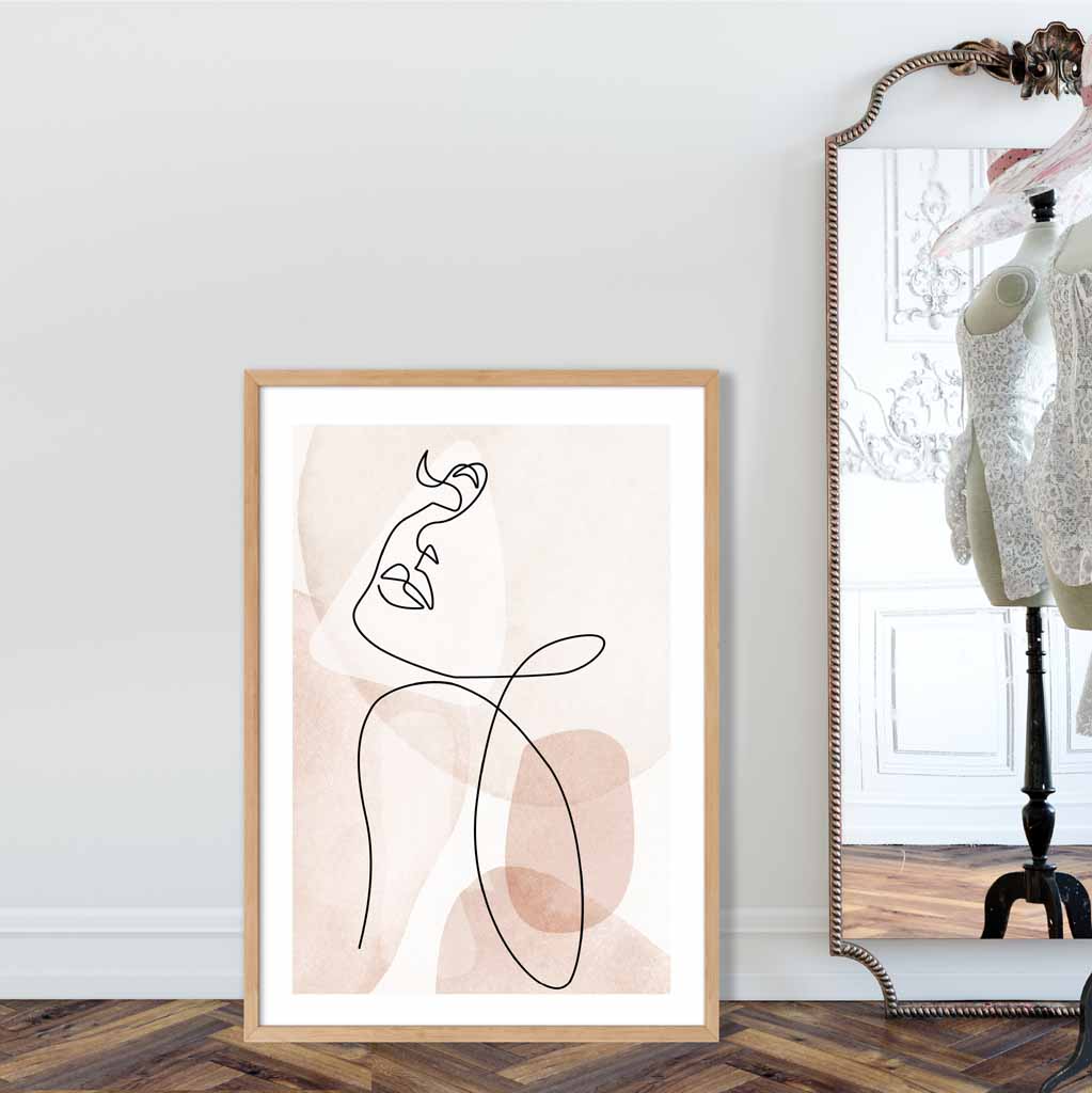 Coral Pink Abstract Line Art Female Face Art Poster No 3