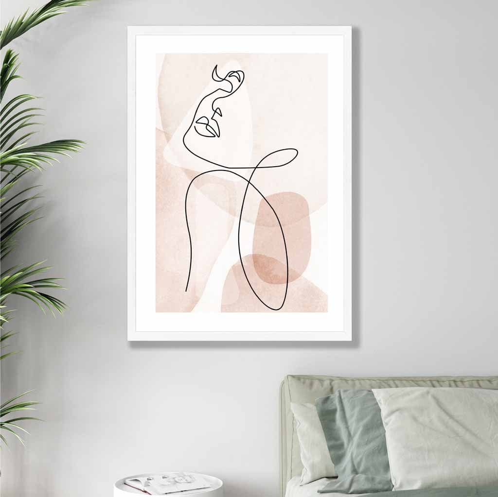 Coral Pink Abstract Line Art Female Face Art Poster No 3