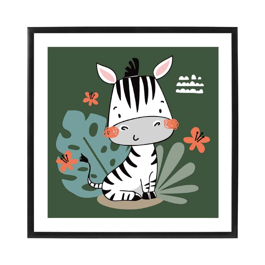 Cute Zebra Poster on Dark Green Jungle Kids Wall Art