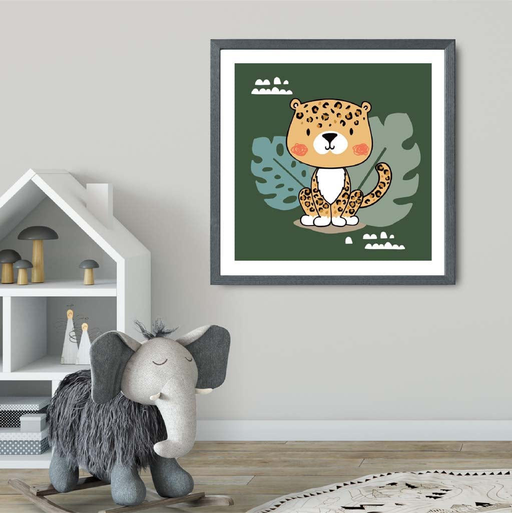 Cute Leopard Poster on Dark Green Jungle Kids Wall Art