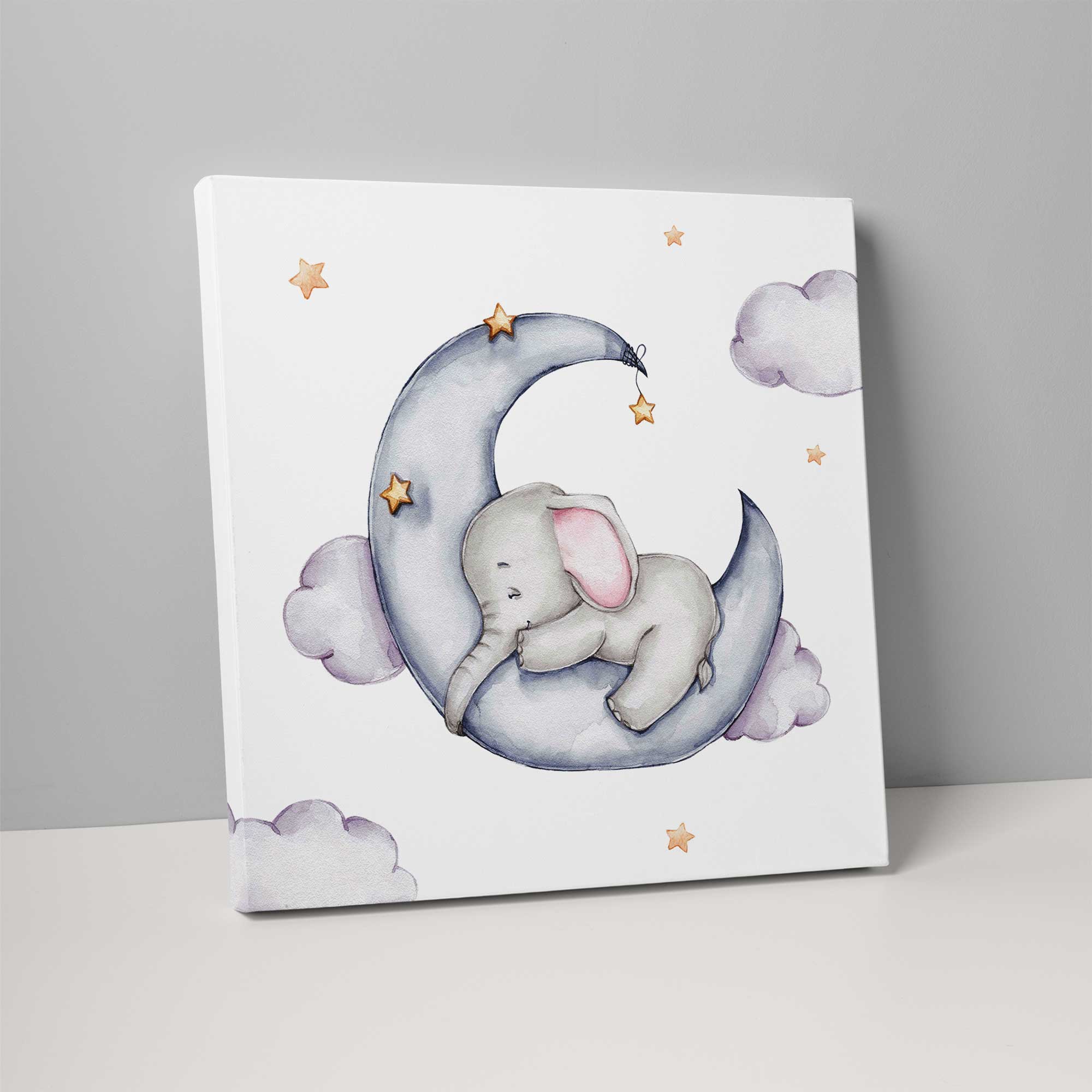 Cute Watercolour Elephant on Moon Nursery Print on Canvas