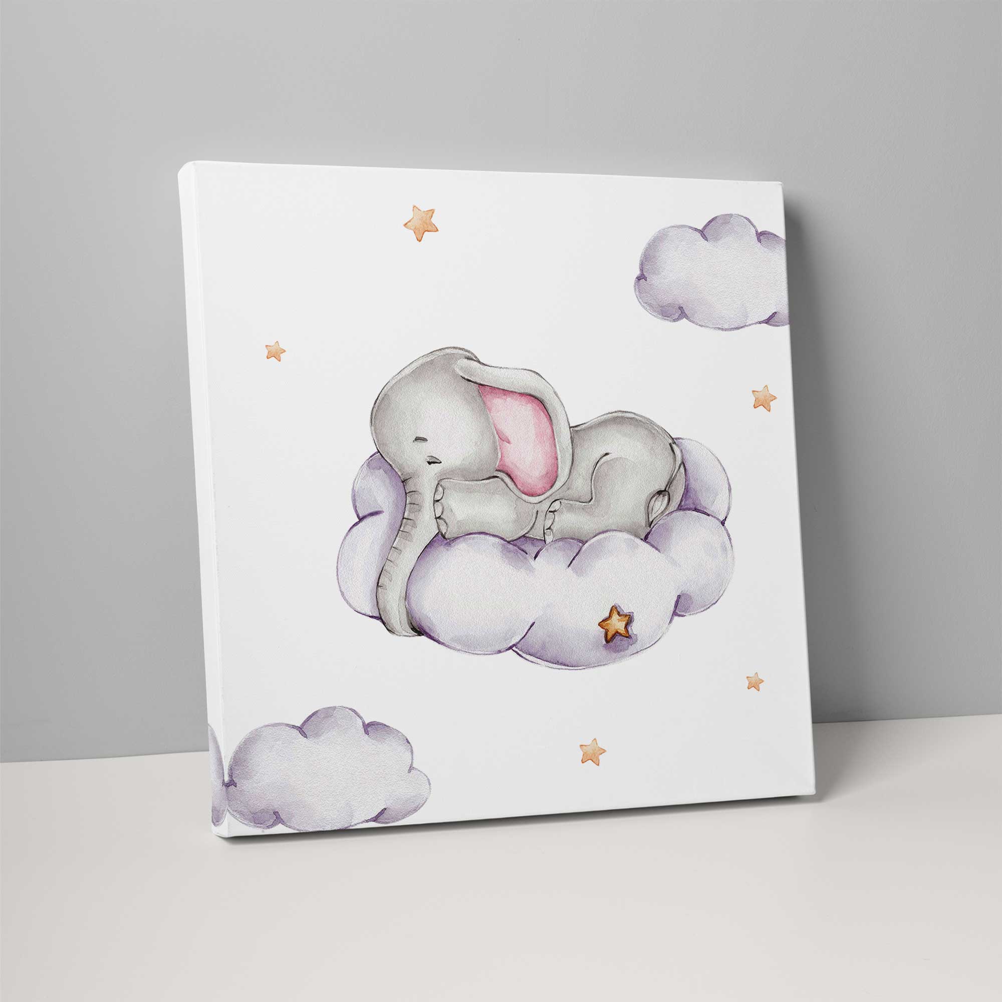 Cute Watercolour Elephant on Cloud Nursery Print on Canvas