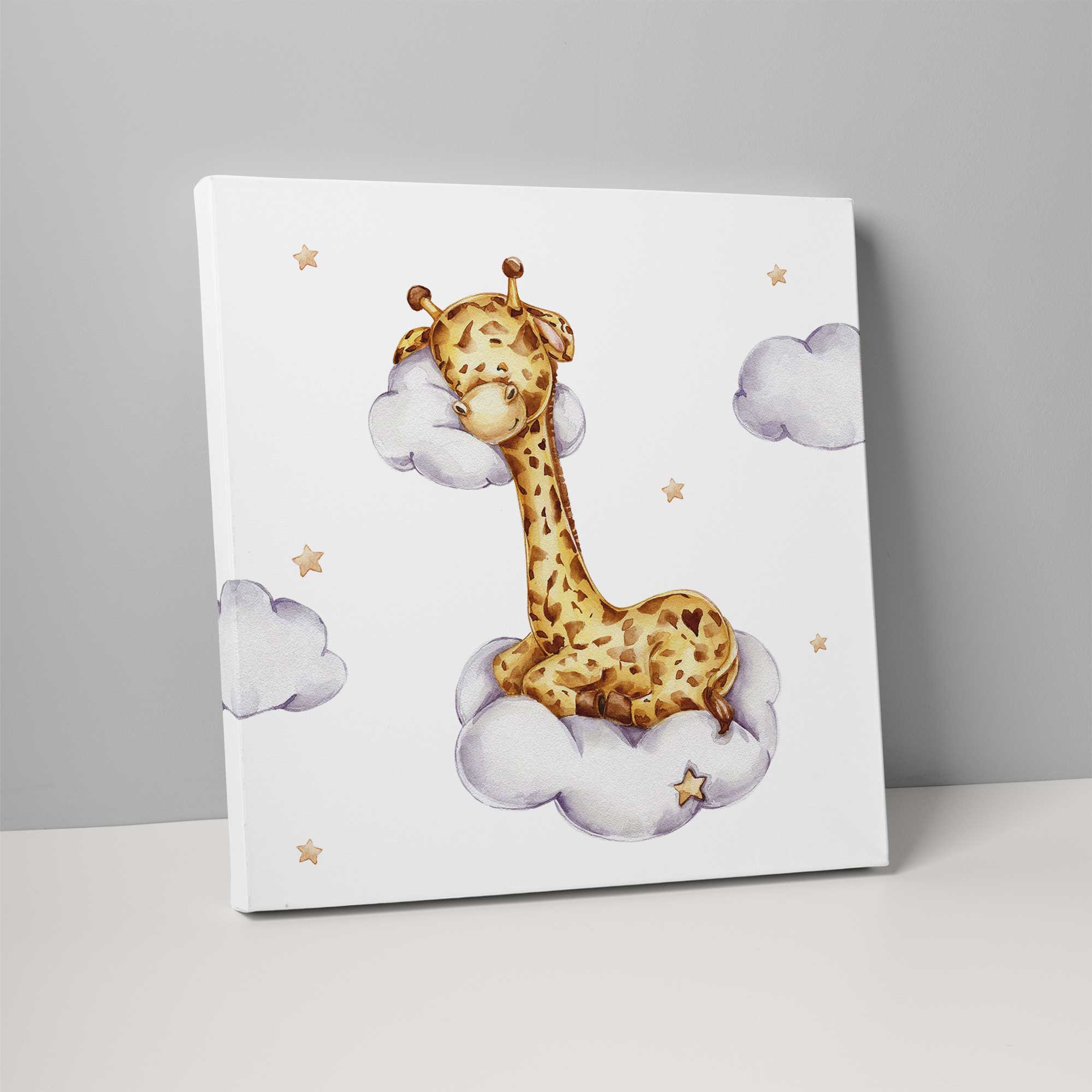 Cute Watercolour Giraffe on Cloud Nursery Print on Canvas
