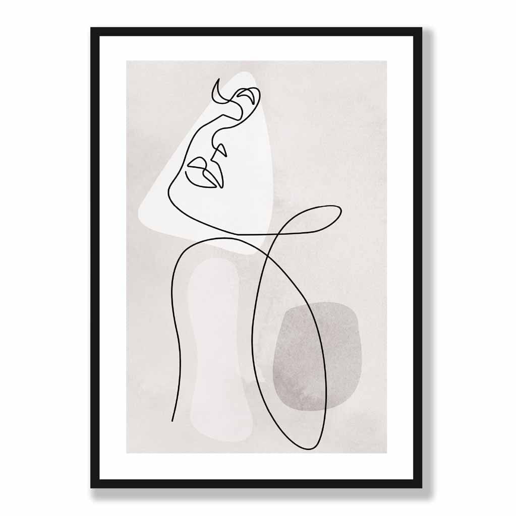 Grey Beige Abstract Line Art Female Face Art Poster No 3