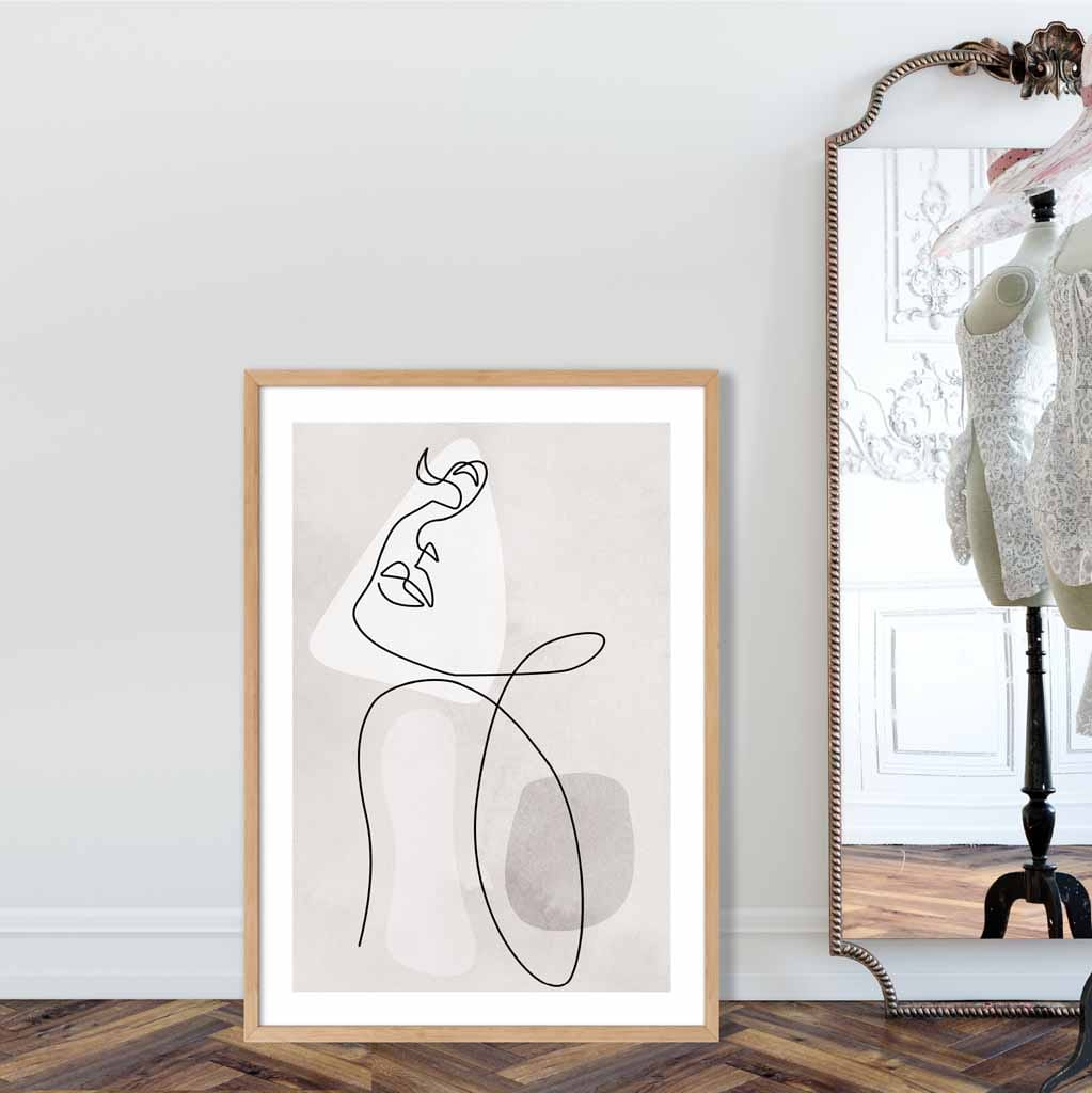 Grey Beige Abstract Line Art Female Face Art Poster No 3