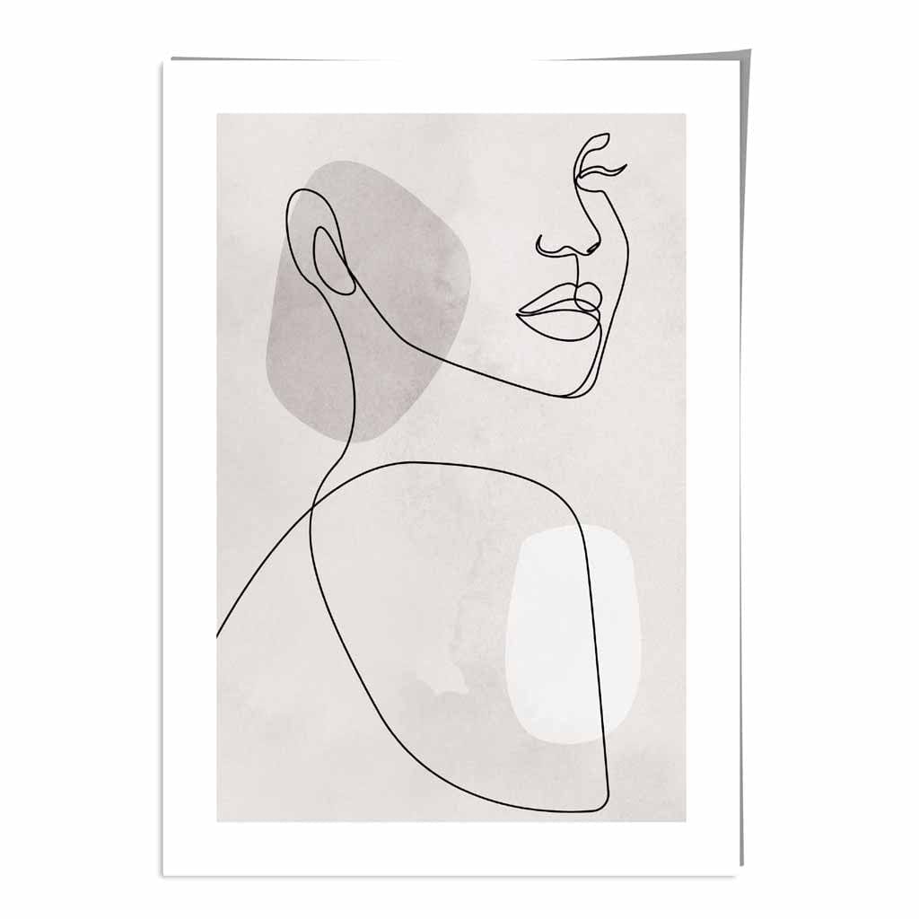Grey Beige Abstract Line Art Female Face Art Poster No 1