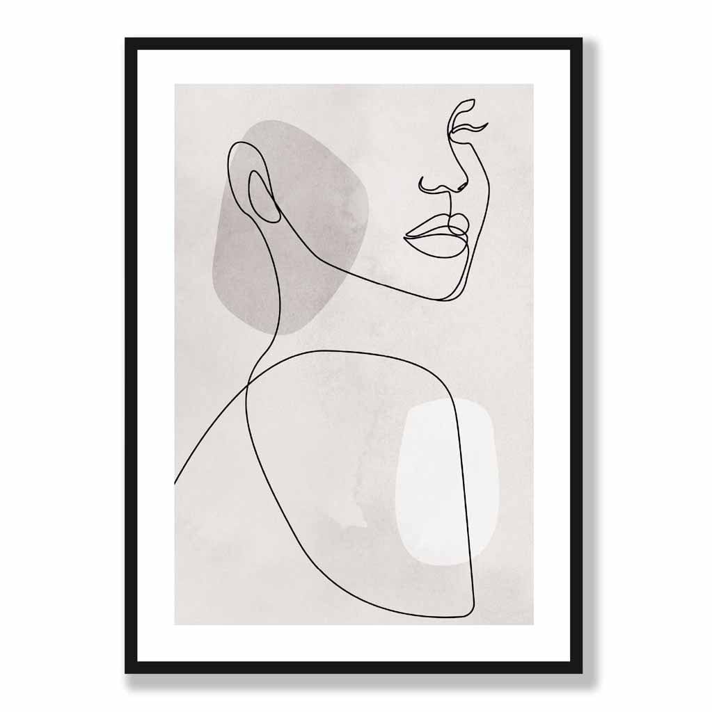 Grey Beige Abstract Line Art Female Face Art Poster No 1