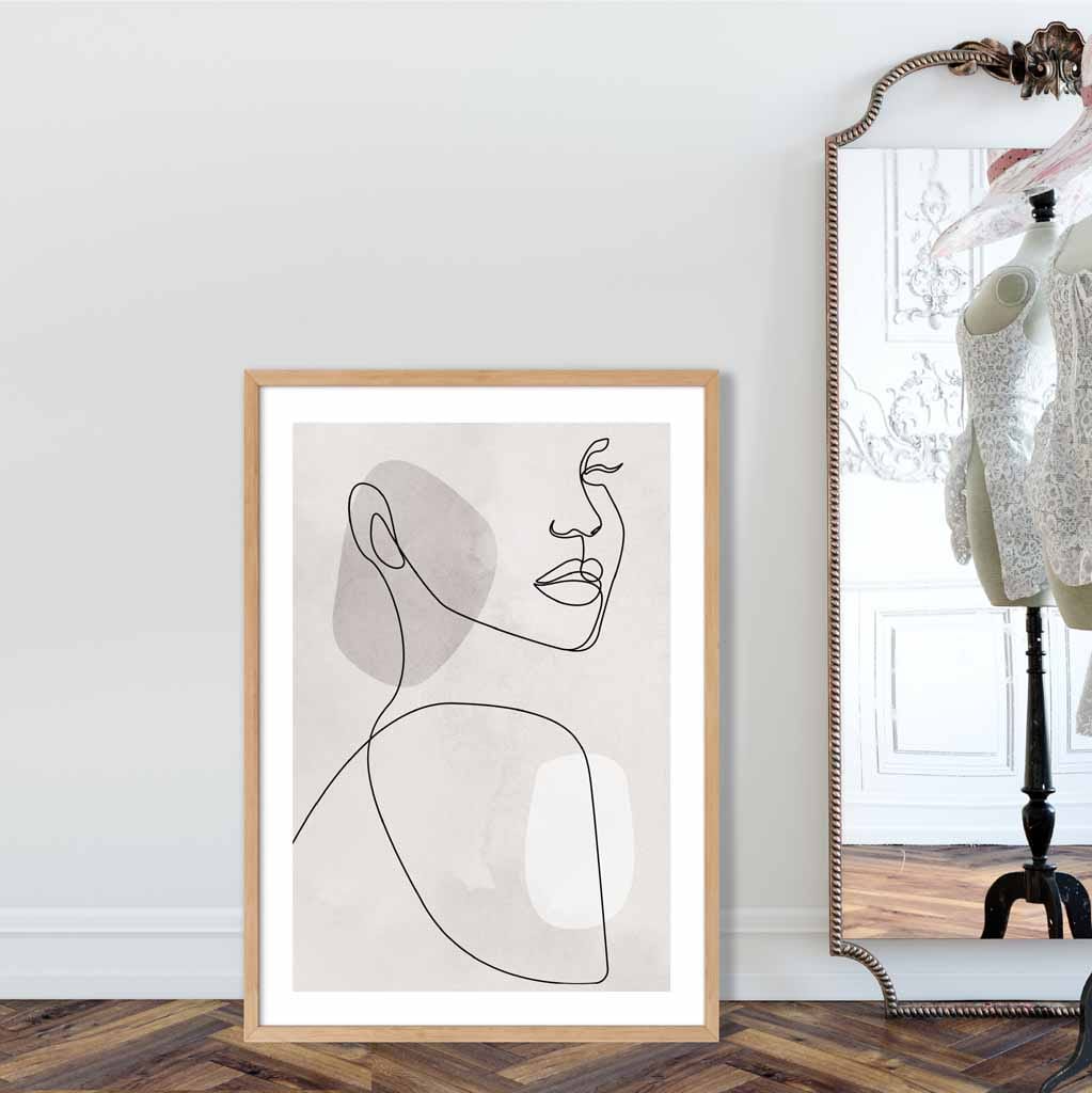 Grey Beige Abstract Line Art Female Face Art Poster No 1