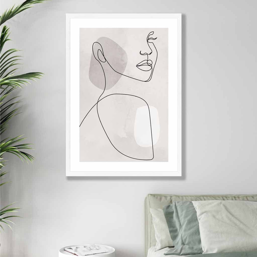 Grey Beige Abstract Line Art Female Face Art Poster No 1