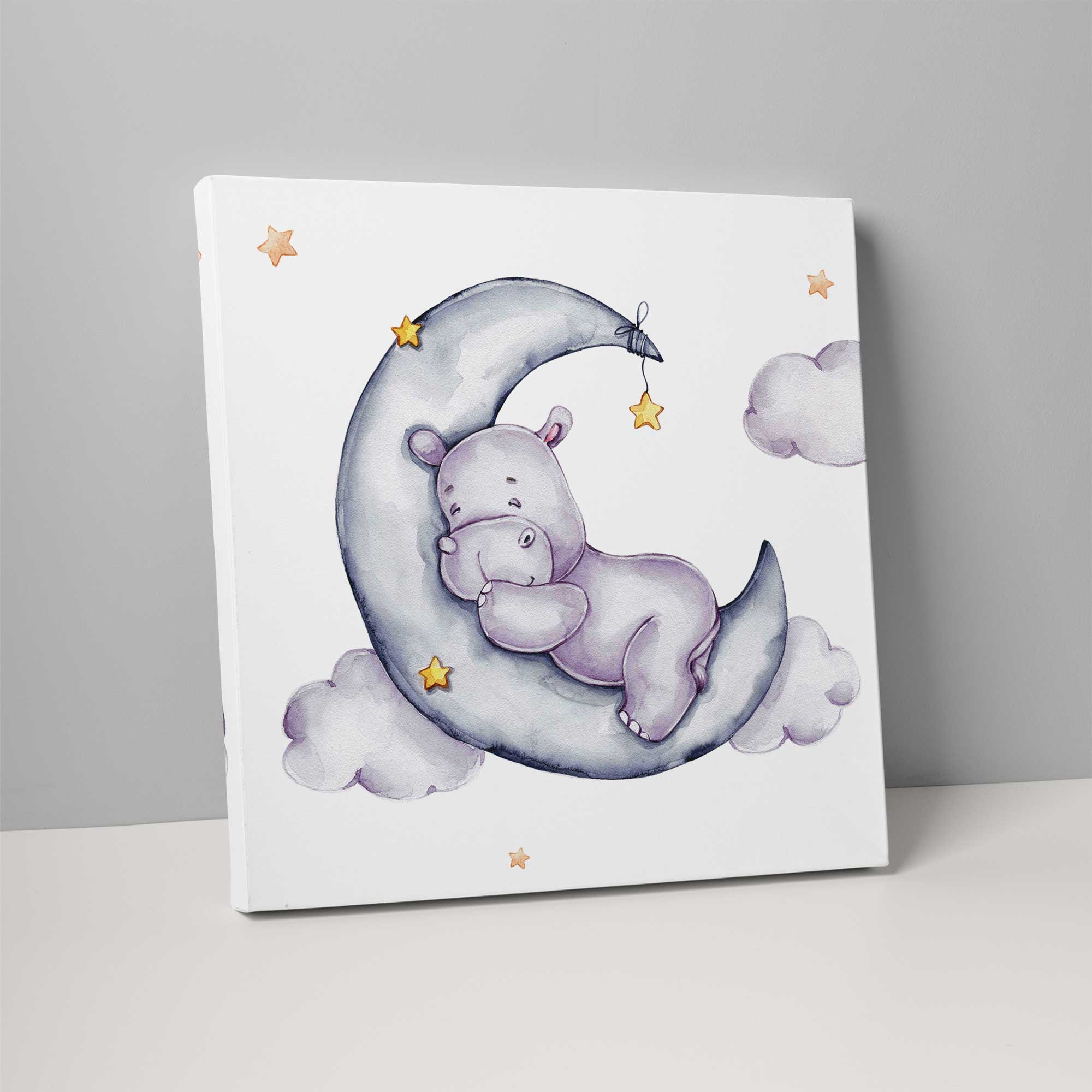 Cute Watercolour Hippo on Moon Nursery Print on Canvas