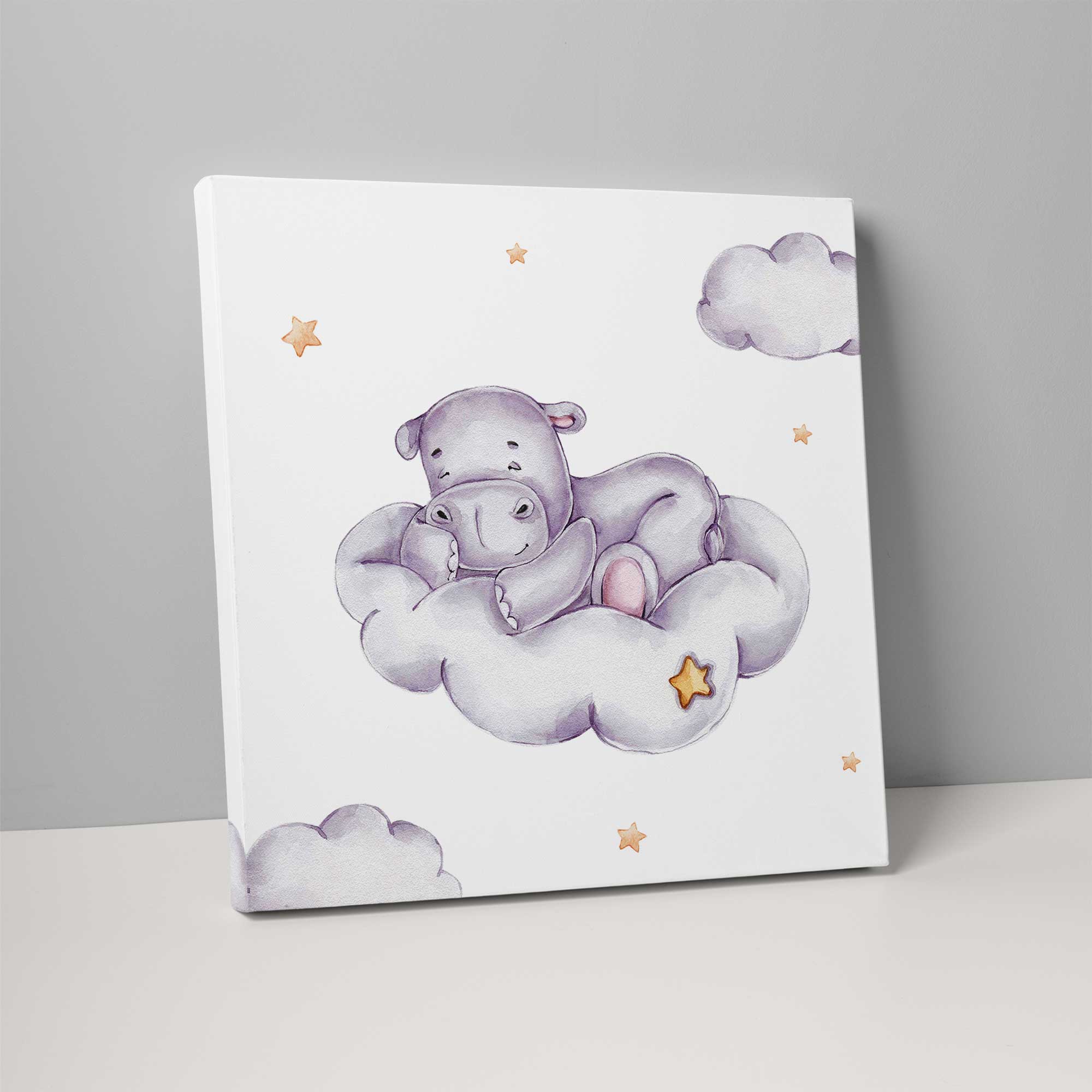 Cute Watercolour Hippo on Cloud Nursery Print on Canvas