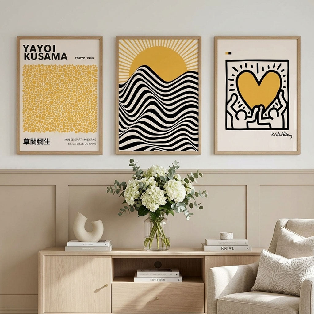 Large Wall Art for Living Room Showcasing a Set of 3 Yayoi Kusama, Keith Haring Yellow Art Prints in Oak Frames | Artze UK
