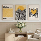 Large Wall Art for Living Room Showcasing a Set of 3 Yayoi Kusama, Keith Haring Yellow Art Prints in Oak Frames | Artze UK
