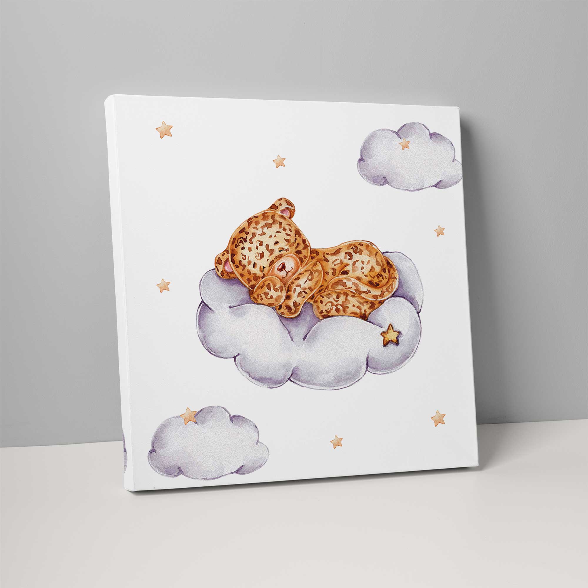 Cute Watercolour Leopard on Cloud Nursery Print on Canvas