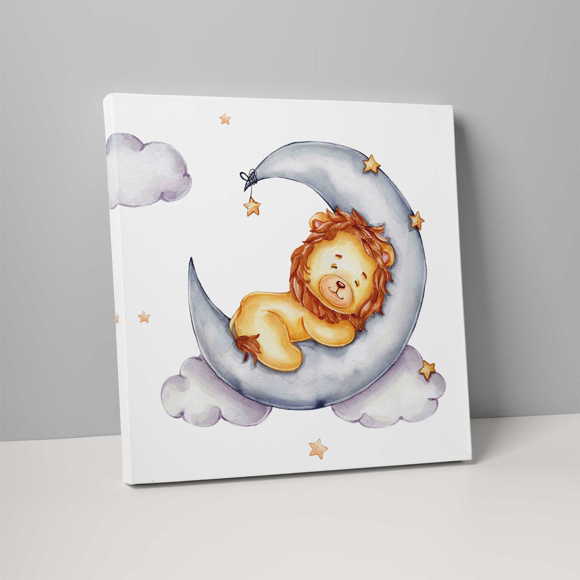 Cute Watercolour Lion on Moon Nursery Print on Canvas