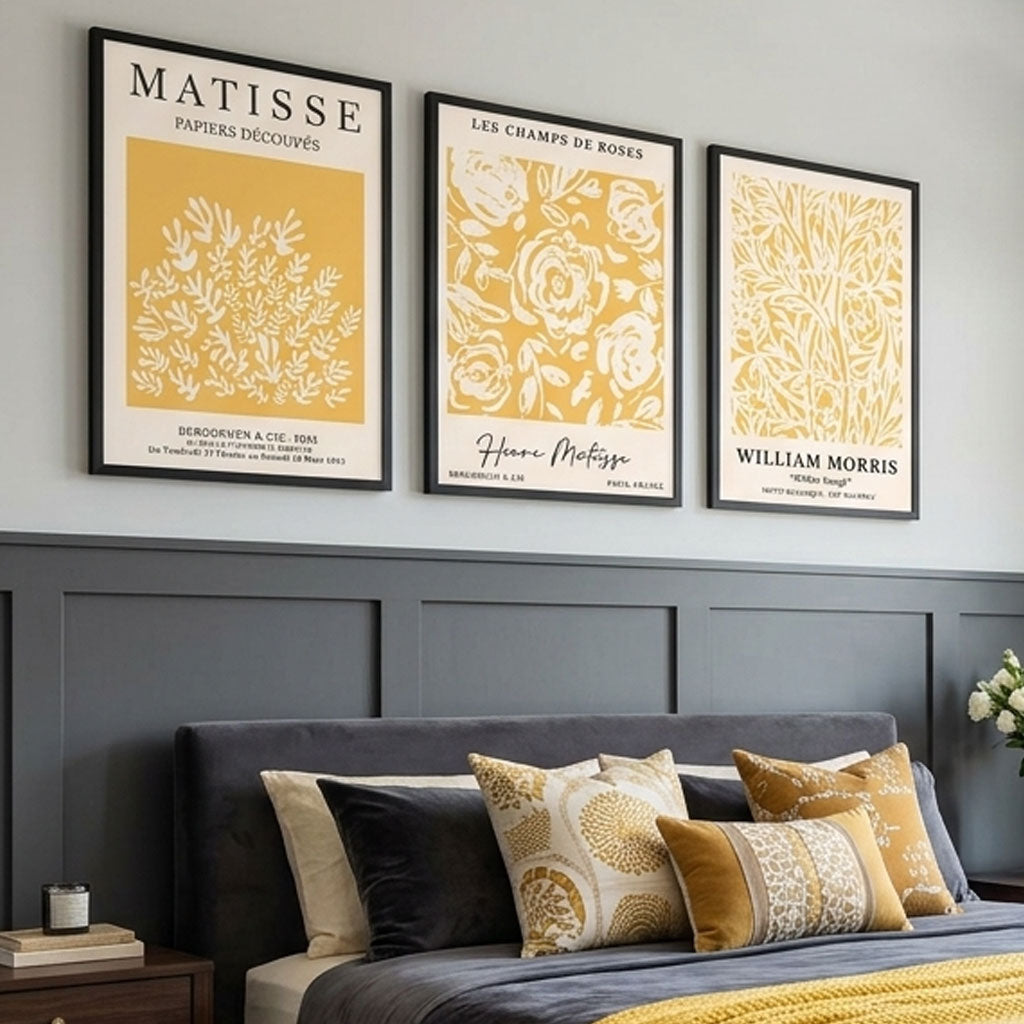 Luxury Bedroom showcasing a Set of 3 Matisse & William Morris Floral in Yellow Framed Wall Art with Black Wooden Frames