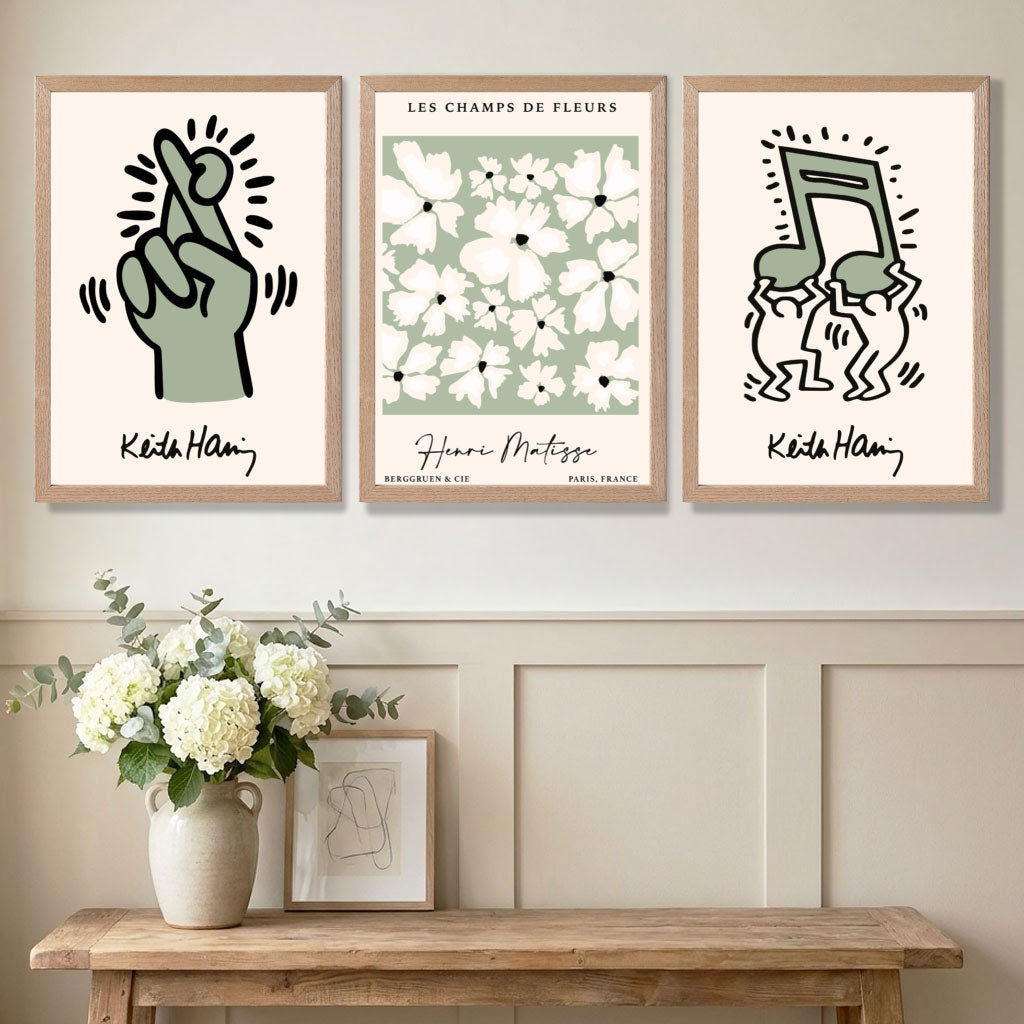Luxury Home Decor featuring a Set of 3 Keith Haring meets Matisse in Green Art Prints in Oak Frames | Artze UK
