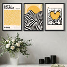Luxury Home Decor featuring a Set of 3 Yayoi Kusama, Japandi Yellow Art Prints in Black Frames | Artze UK
