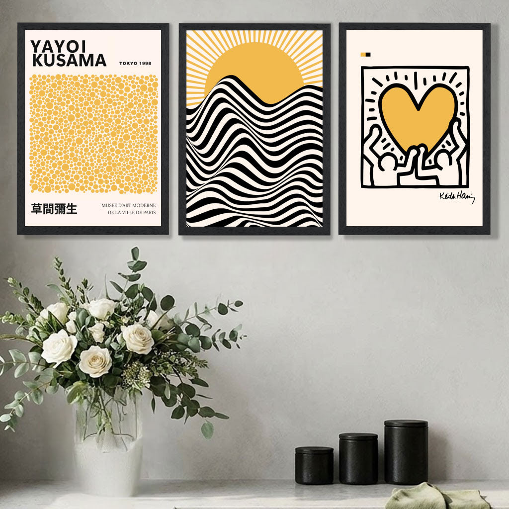 Luxury Home Decor featuring a Set of 3 Yayoi Kusama, Keith Haring Yellow Art Prints in Black Frames | Artze UK