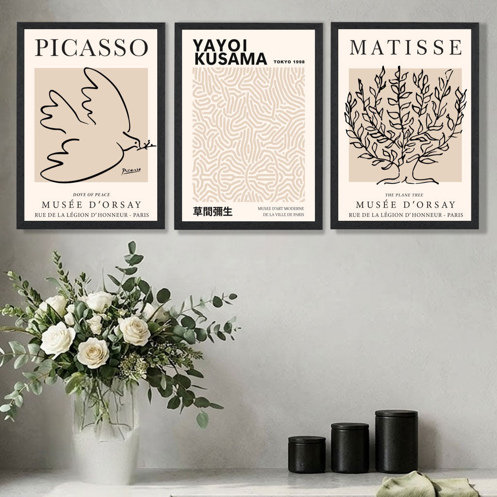 Luxury Home Decor with a Set of 3 Picasso,Matisse and Yayoi Kusama Neutral Beige Art Prints in Black Frames | Artze UK