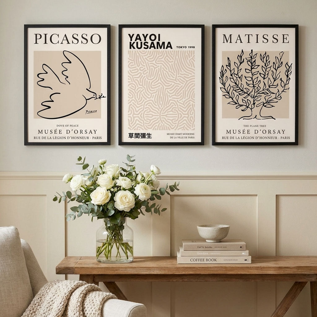 Luxury Living Room featuring a Set of 3 Picasso,Matisse and Yayoi Kusama Neutral Beige Framed Wall Art with Black Wooden Frames