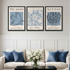 Luxury interior with a Set of 3 Minimal Picasso,Matisse Light Blue Nature Themed Art Prints in Black Frames | Artze UK