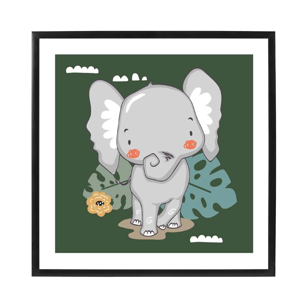 Cute Elephant Poster on Dark Green Jungle Kids Wall Art