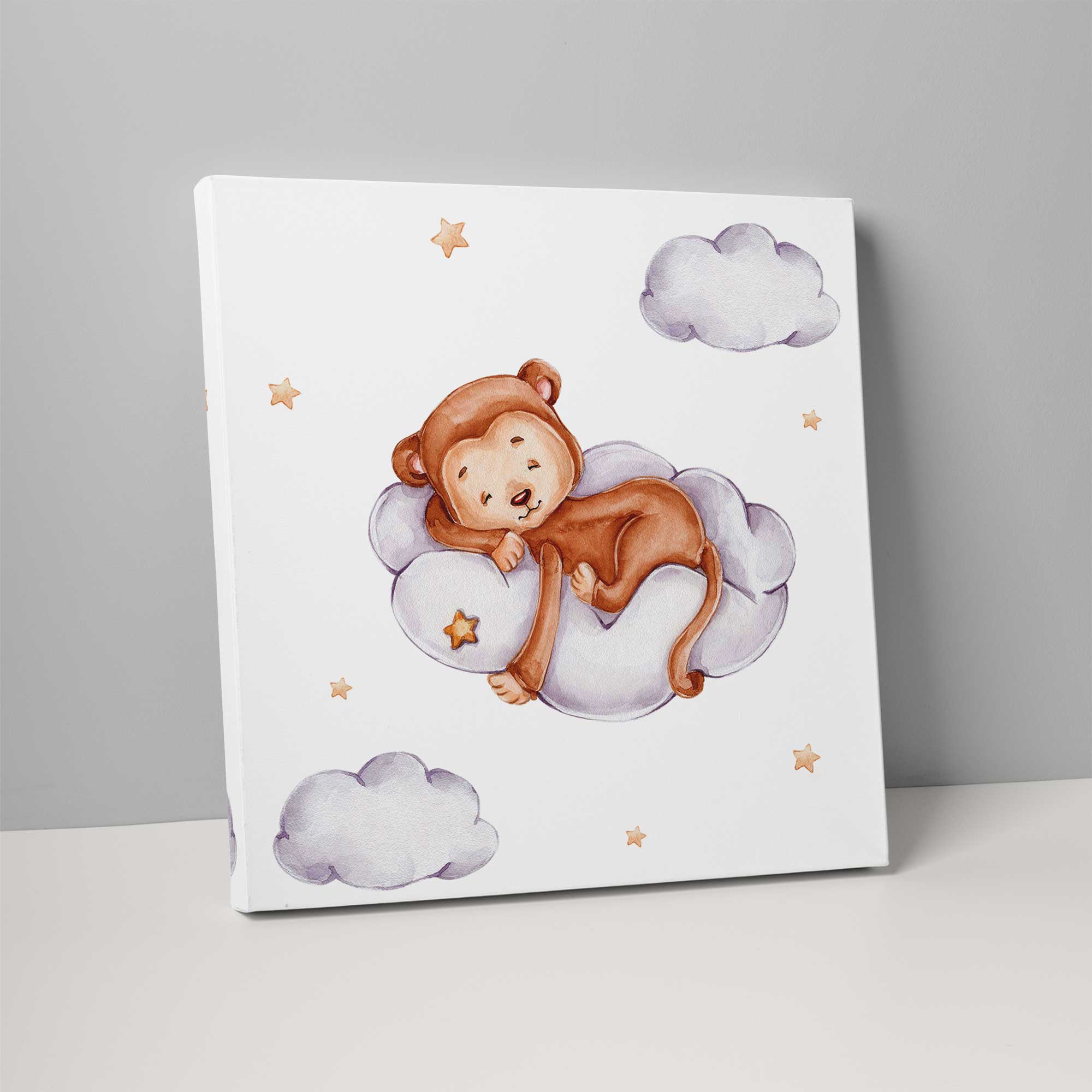 Cute Watercolour Monkey on Cloud Nursery Print on Canvas